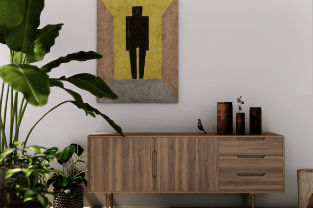 Timber sideboard with plants and decorative objects
