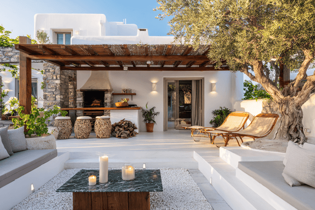 Outdoor lounge with pergola, fire features, and dining area