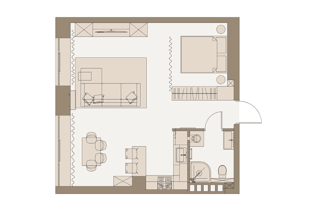 Apartment floor plan showing living, kitchen, and bedroom zones