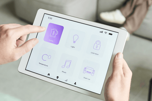 Tablet showing smart home controls for lights and security