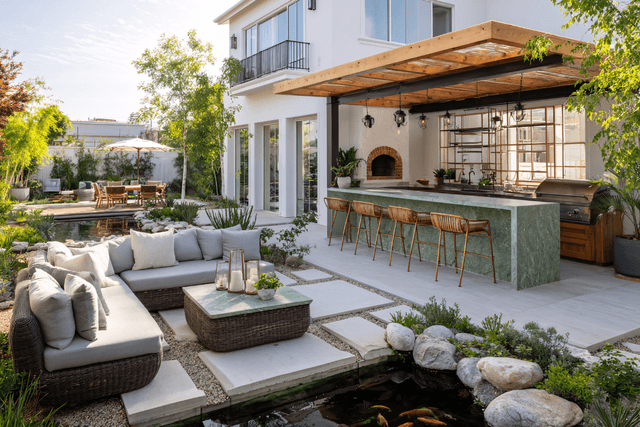 Backyard outdoor kitchen with bar seating and water feature