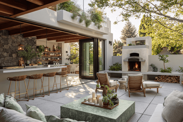 Outdoor lounge with fireplace, bar seating, and warm lighting