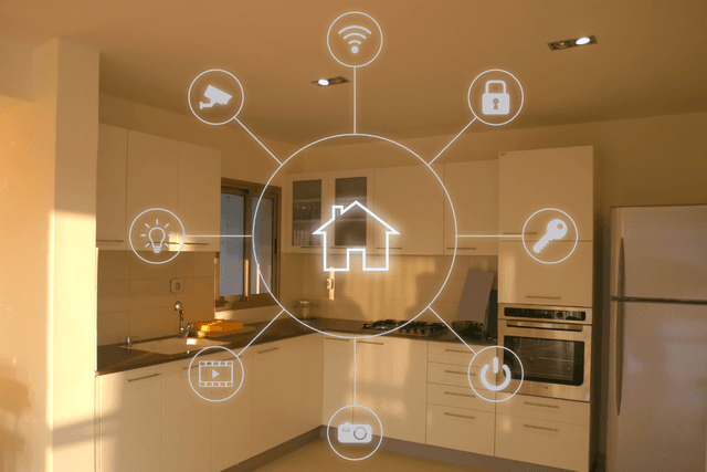 Smart home interface overlay in a modern kitchen