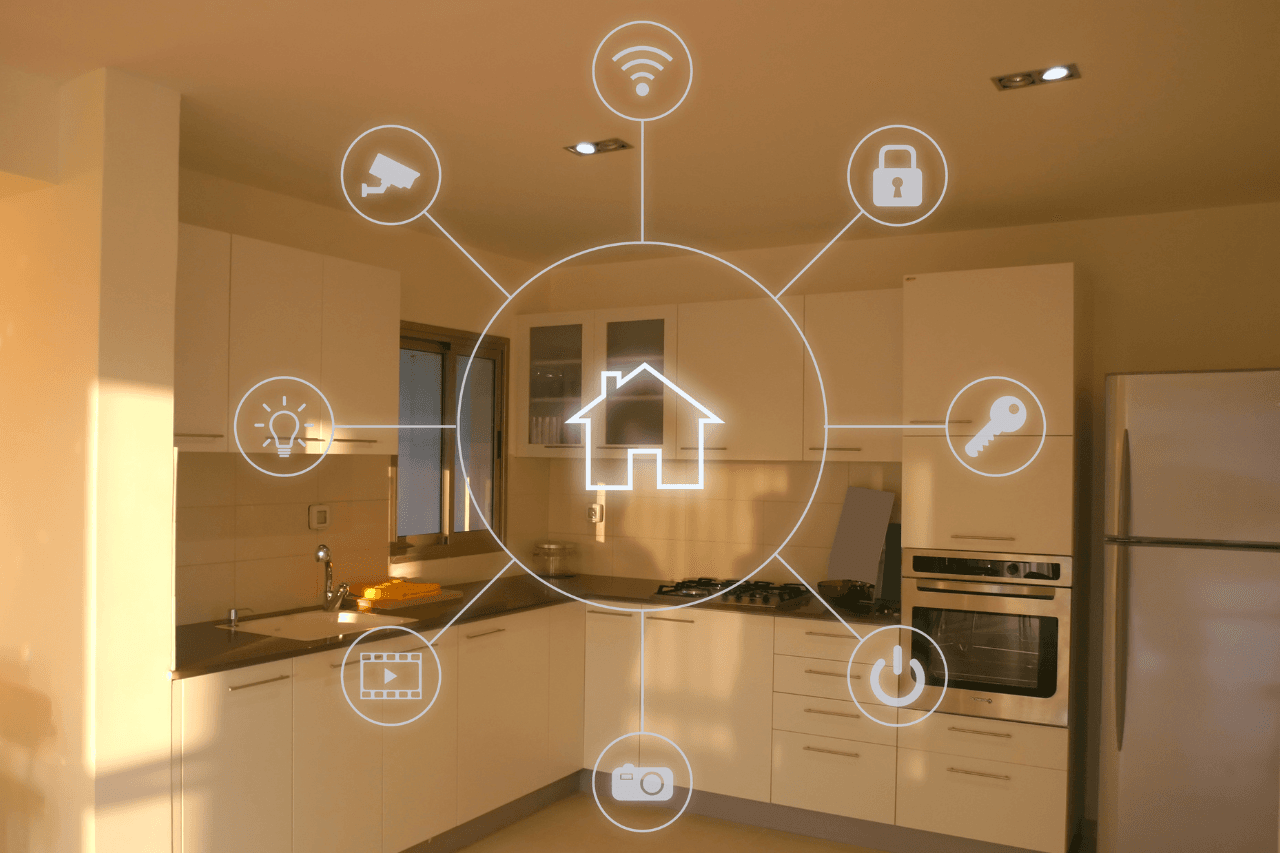 Connected home interface overlay in a modern kitchen
